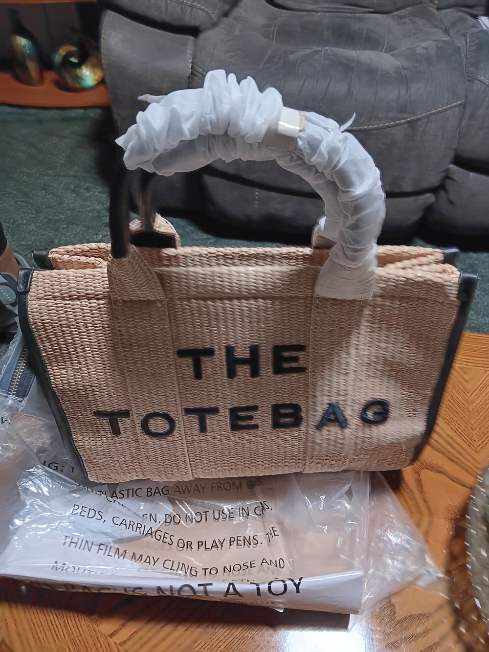 Natural Straw Tote Bag with Black Trim